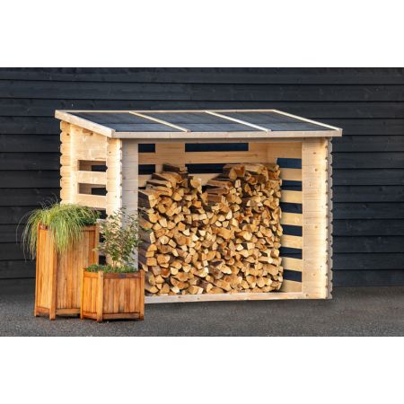 Openhaard hout berging Brandr onbehandeld vuren 19 mm incl. dakleer sfeerfoto